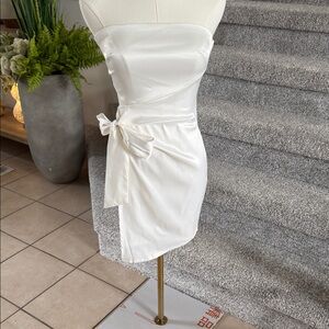 Strapless White Satin Wrap Mini Dress with Side Bow
